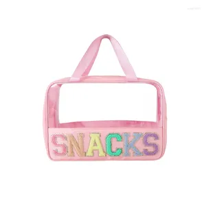 Sacs de cosmétique Snacks Letter Sac Femmes Voyage PVC Organisateur de toilette Afficier Transparent imperméable Poignée transparente