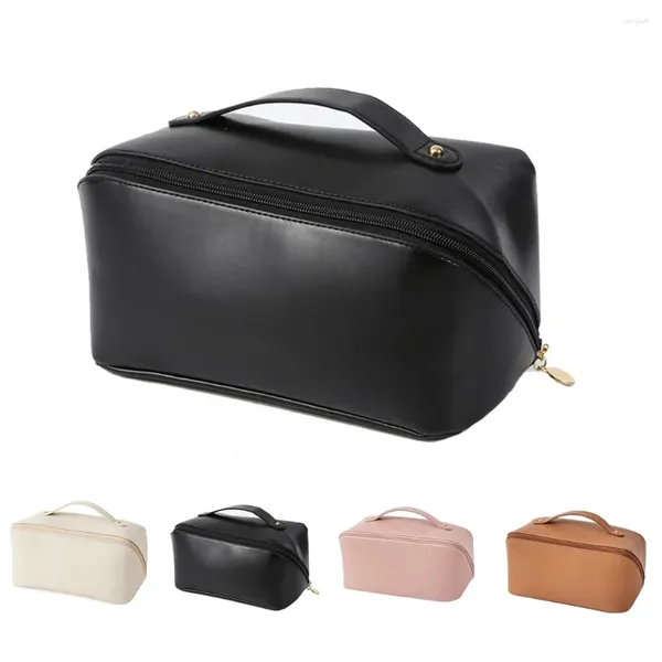 Bolsas de cosméticos bolsa de almacenamiento de cuero PU de gran capacidad artículos de tocador estuche portátil contenedor de maquillaje paquete de lavado niñas blanco