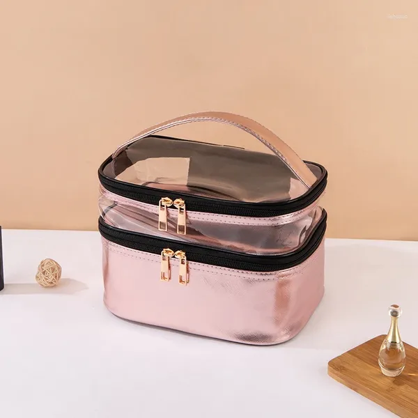 Bolsas de cosméticos, caja de almacenamiento para maquillaje, bolsa de doble capa transparente de Metal rosa, bolsa de aseo impermeable portátil multifuncional