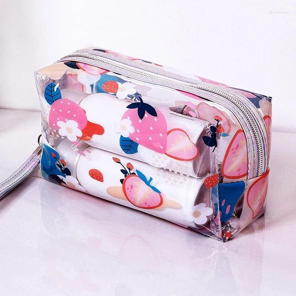 Bolsas de cosméticos con estampado de frutas y mariposas y fresas, bolsa de maquillaje transparente a la moda, almacenamiento de lavado de viaje transparente de PVC para mujer
