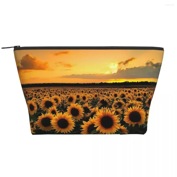 Bolsas de cosméticos Girasoles Paisaje Trapezoidal Maquillaje portátil Bolsa de almacenamiento diario Estuche para viajes Artículos de tocador Joyería