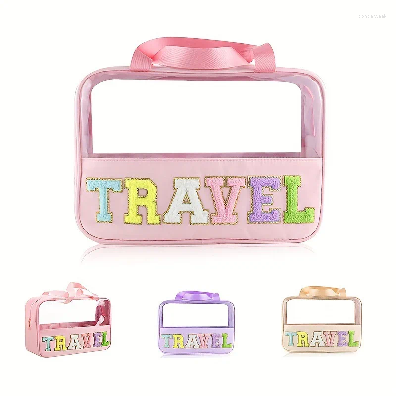 Cosmetic Bags Translucent Wash Travel Makeup With Letter Patches Large Clear Make Up Zipper Pouch Handle Bath Organizer