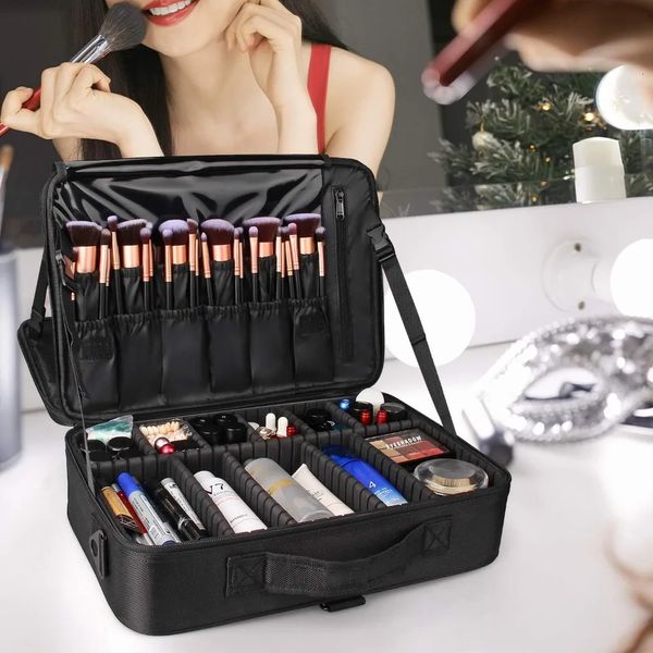 Sacs à cosmétiques Voyage Maquillage Train Cas Maquillage Cosmétique Organisateur Portable Artiste Sac De Rangement avec Diviseurs Réglables 231101