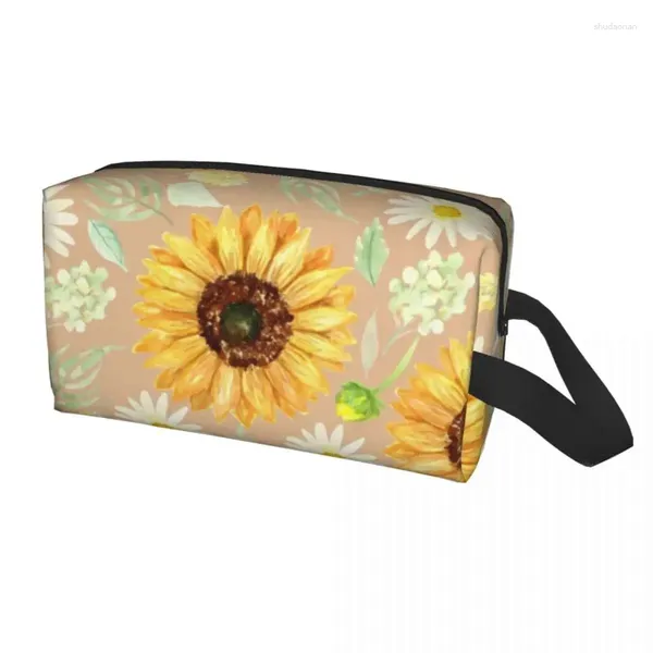 Bolsas de cosméticos de viaje con diseño de girasoles y margaritas, neceser Kawaii con flores florales, organizador de maquillaje para mujeres, caja de kit Dopp de almacenamiento de belleza