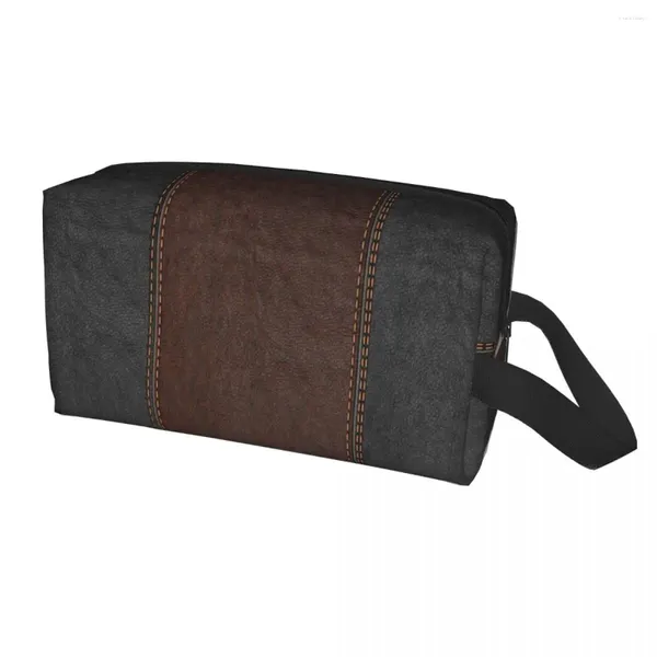 Bolsas de cosméticos Viaje Vintage Negro y Marrón Cosido Cuero Neceser Lindo Estilo Medieval Maquillaje Organizador Almacenamiento Dopp Kit Estuche