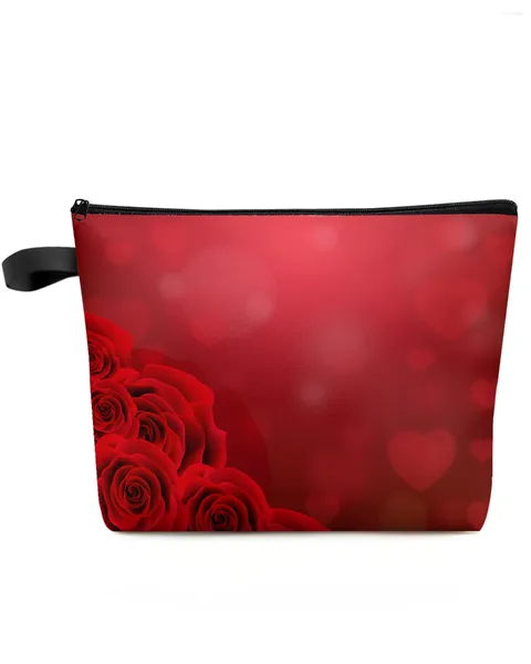 Bolsas de cosméticos para el Día de San Valentín, bolsa de viaje personalizada con corazón de flor roja y rosa, bolsa de almacenamiento de maquillaje portátil, estuche impermeable para lápices para mujer