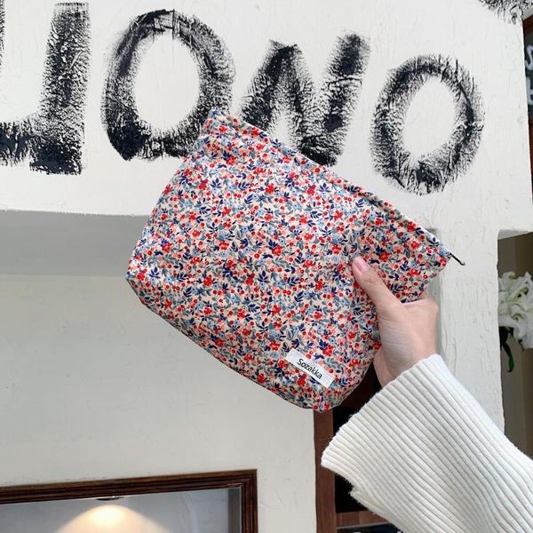 Bolsas de cosméticos Vintage Floral para mujer, bolso pequeño de pana para mujer, almacenamiento de maquillaje, bolso de mano portátil de viaje para mujer, bolsos de mano