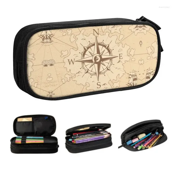 Sacs de cosmétiques Map de pirate vintage kawaii crayon crayon garçons gilrs grande capacité nautique boussole marin sac sachet sachet papeterie