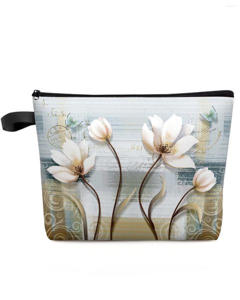 Bolsas de cosméticos Vintage tulipán flor mariposa bolsa de maquillaje artículos esenciales de viaje señora mujer organizador de inodoro estuche de almacenamiento