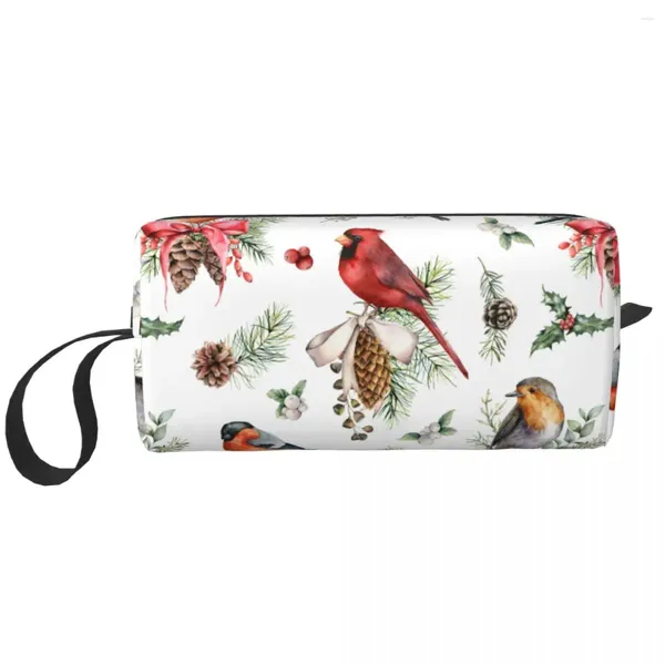 Sacs à cosmétiques aquarelle oiseaux de noël et plantes, grand sac de maquillage, pochette de beauté de voyage, organisateur de bouvreuil peint à la main pour