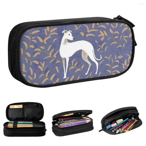 Bolsas de cosméticos Whippet con hojas marrones Estuches para lápices Greyhound Sighthound Dog Estuches para lápices Caja para bolígrafos Bolsa de almacenamiento grande Escuela para estudiantes