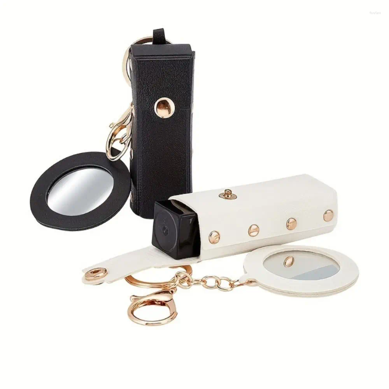 Kosmetiska väskor med spegel Lipstick Bag Storage Box Pu Leather Mini Makeup Holder Key Chain