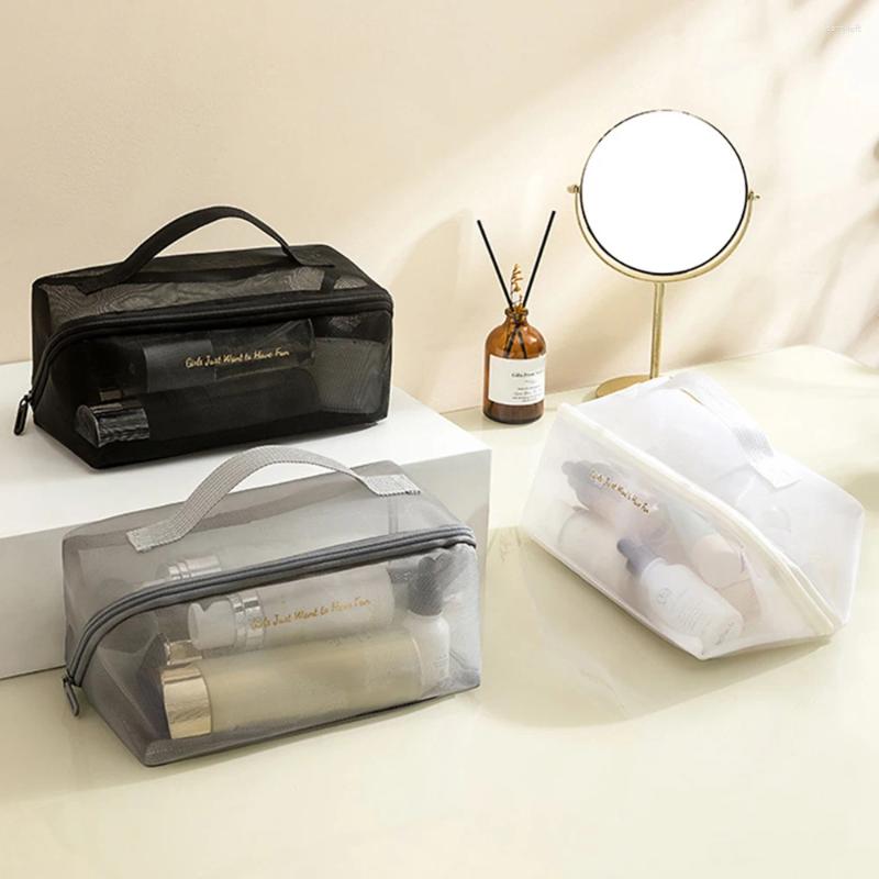 Kosmetiska väskor kvinnor mesh väska resor makeup arrangör bärbar transparent toalettform tvätt läppstift förvaringspåse skönhet fodral