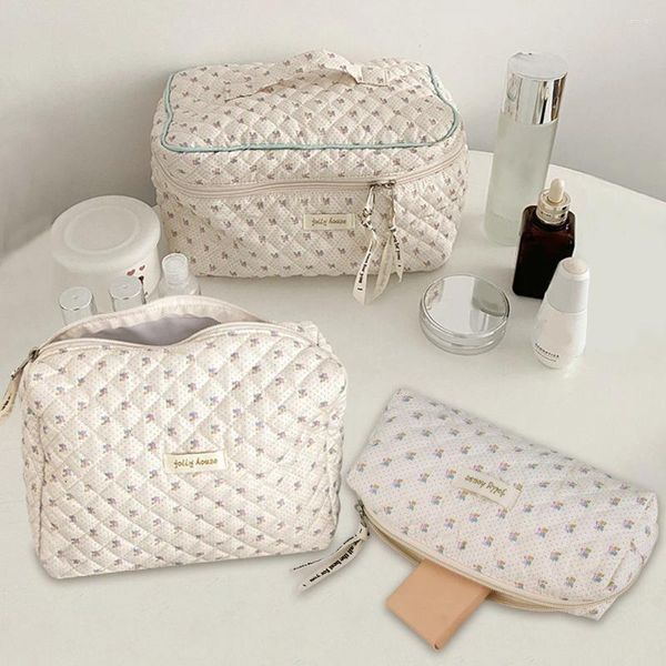 Bolsas de cosméticos para mujer, bolso de mano acolchado, organizador de maquillaje, bolsa de algodón con estampado Floral, conjunto de bolsa acolchada de gran capacidad