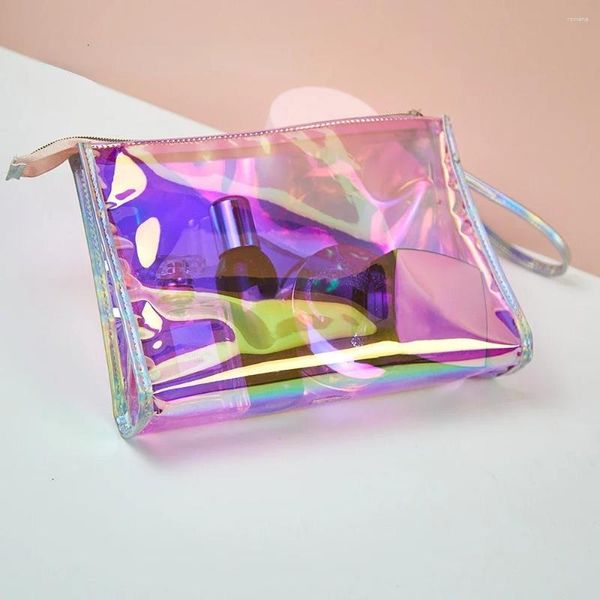 Bolsas de cosméticos con cremallera para mujer, bolsa de viaje, estuche de maquillaje, Color láser, impermeable, lavado transparente, portátil, almacenamiento transparente de PVC