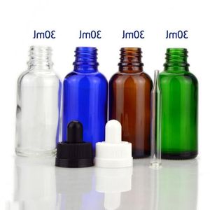 Cosmetische glazen fles 30 ml ronde drupppercontainer met zwarte witte kindvrije deksels en glazen pipetbuis voor e vloeibare sap essentie pvjgn