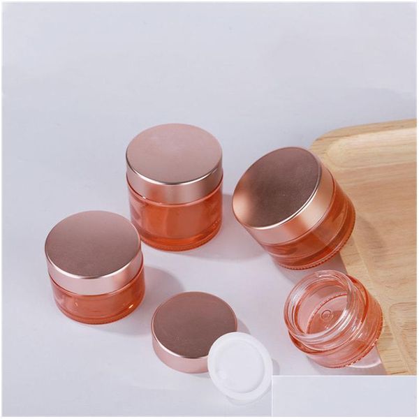 Pot cosmétique en gros verre rose crème pour le visage pot pot vide bouteille épaisse récipient rechargeable cosmétique avec couvercle en or rose et Dhgarden Dhjry