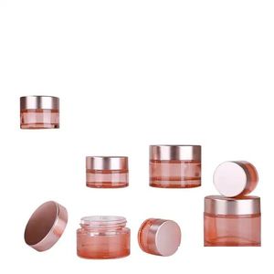 Cosmetische pot Groothandel roze glazen pot Lege make-up crèmepotten Reismonstercontainer Flessen met binnenvoeringen en roségouden deksels voor Dhcj8