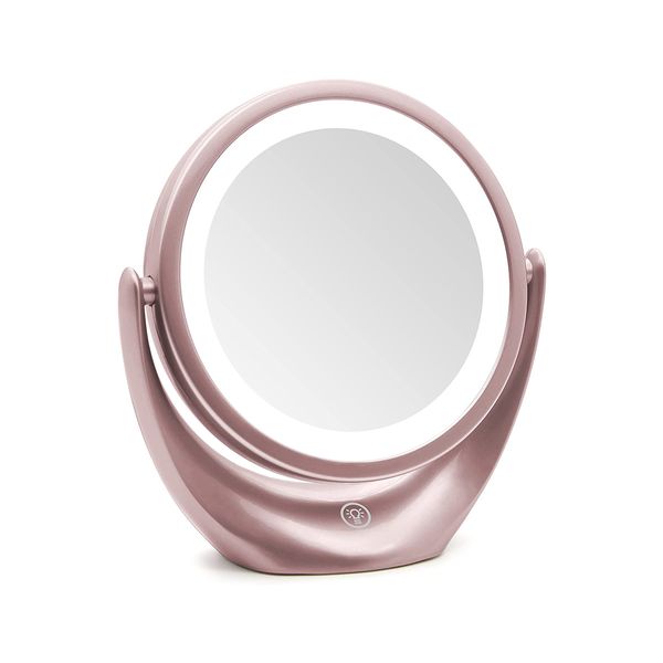Miroir cosmétique avec lumières et grossissement x5, variable, double face, pivotant à 360 degrés, coiffeuse, commande tactile, maquillage rond, rose