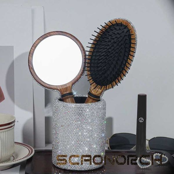 Organisateur cosmétique Luxury Diamond Airbag Peigne Miroir circulaire en bois Boîte de rangement de rangement de Miroir Circulaire Boîte de baisse