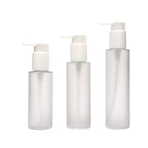 Cosmetische plastic frosted fles cirkelvormige kolom witte kraag brengen kaart gesp lotion pers pomp lege draagbare navulbare verpakking container 100ml 120ml 150ml