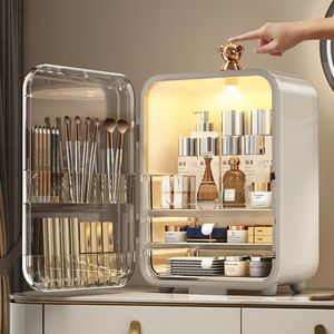 Boîte de rangement de cosmétiques, lumière de luxe, miroir lumineux LED, tiroir de ceinture de poussière, organisateur de soins de la peau, grande capacité, Table de vanité, rangement à domicile 240322