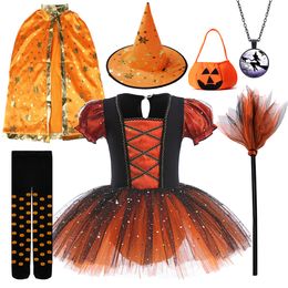 Cosplay 2023 Halloween Carnaval Enfants Sorcière Costume Filles Violet Orange Manches Bouffantes Tulle Ballet Tutu Robe Sequin Danse Vêtements 230906