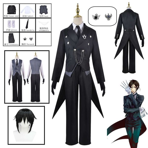 Cosplay Anime Butler Sebastian Michaelis peluca negro cola de golondrina uniforme con guantes trajes de Halloween cosplay