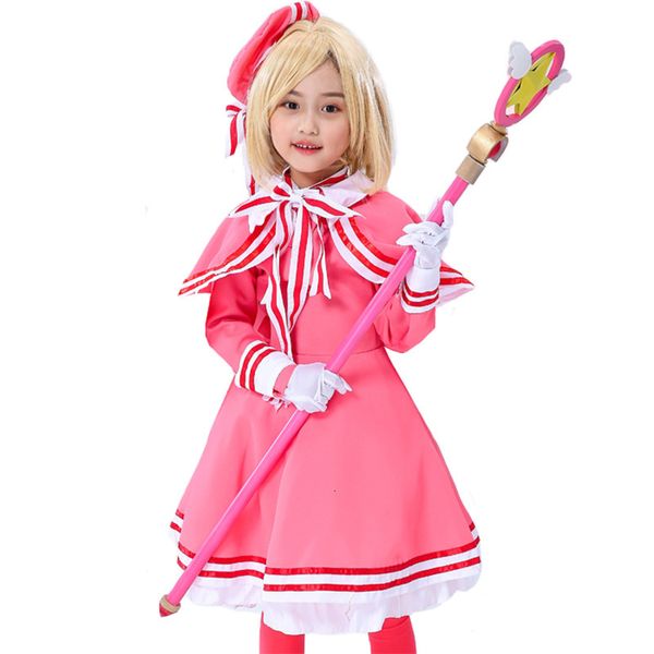 Cosplay Anime Card Captor Sakura Disfraz de cosplay Kinomoto Sakura Disfraz de cosplay Vestido rosa para niñas con sombrero Conjunto completo Vestido de lolita 230925