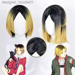 cosplay Anime Disfraces Animación Haikyuu!!Kenma Kozume peluca de juego de rol corto Bob negro rubio medio Ombre peluca sintética resistente al calor + peluca capC24320
