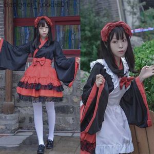 cosplay Disfraces de anime Mujer anime japonés bruja sirvienta juego de rol vamos geisha kimono chica Yukata etapa Lolita flor vestido de fiesta de té delantal setC24320