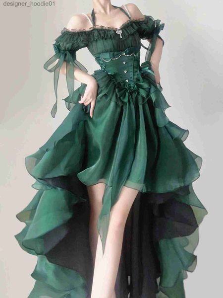 cosplay Anime Costumes Robe de mariée à fleurs vertes Cos Robe Lolita Robe Op Lolita Heavy Industrial Trail Robe moelleuse Lolita Jeu de rôleC24320