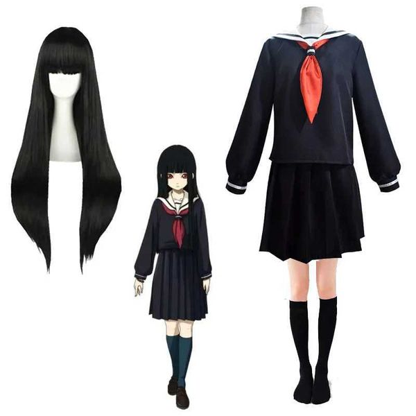 Cosplay Costumes d'anime Hell girl Emma qui joue le rôle Jigoku Shojo JK uniforme marin ensemble uniforme d'écolière perruque noire cheveux longs et raidesC24321