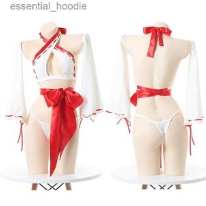cosplay Costumes d'anime japonais anime Miko Cosplay kimono ensemble de lingerie sexy femmes jarretelles Criss Cross bikini rouge Boknot bandage pyjamas bateau droitC24321