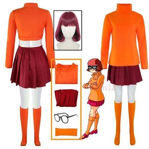 Costumes de cosplay Velma, uniforme de jeu de rôle, Anime pour femmes, peau supérieure Orange, ensemble d'halloween pour fille Velma WigC24321