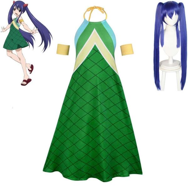 Cosplay Anime Fairy Tail Wendy L disfraz de Cosplay peluca azul tierra adulto niño vestido verde traje de fiesta de Carnaval de Halloween