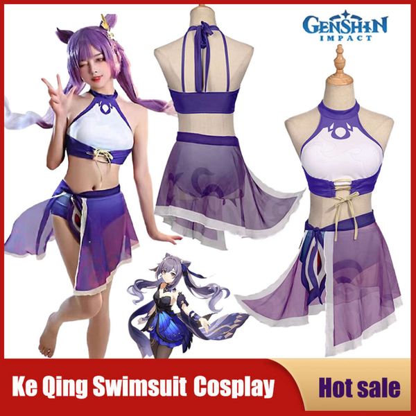 Cosplay Anime Juego Genshin Impact Cosplay Disfraz Keqing Vestido de natación Bikini sexy Mujer Chica Traje de baño Peluca de fiesta Traje de baño Traje de baño