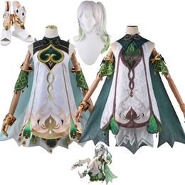 Cosplay Anime juego Genshin Impact Nahida Buer Lesser Lord Kusanali Cosplay disfraz peluca zapatos los siete dioses bordado traje de rayas oscuras