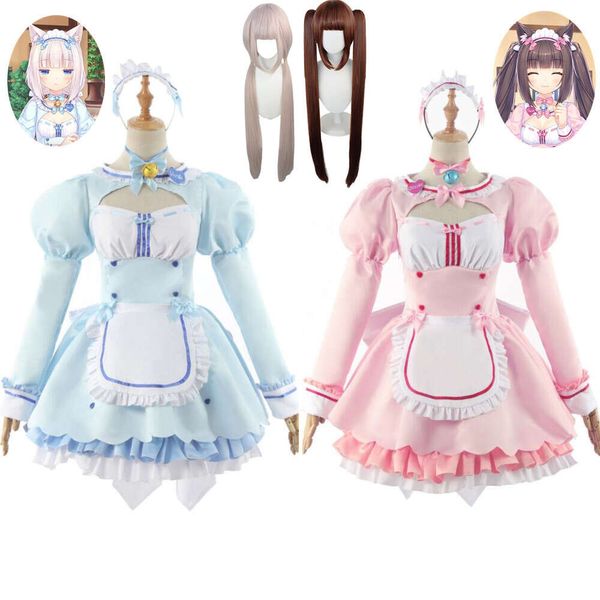 Cosplay Anime juego Nekopara Vol Chocola vainilla Cosplay disfraz peluca Nekomimi Paradise Halloween vestido de sirvienta Lolita uniforme rosa azul