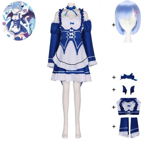 Cosplay Anime Rem Re Life en un mundo diferente de Zero Kara Himeru Isekai Seikatsu Cosplay disfraz peluca uniforme de sirvienta traje de Halloween