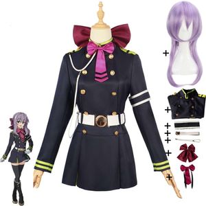 Cosplay Anime Shinoa Hiiragi Owari No Seraph Of The End Cosplay Kostuum Paarse Pruik Sexy Vrouw Jurk Zwart Uniform Halloween vermomming Set