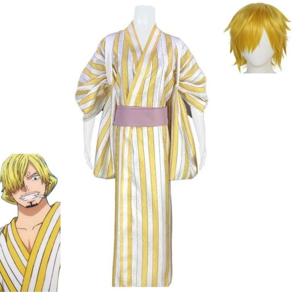 COSPLAY ANIME VIN SANJI COSPLAY COSPLAY WIG Wano Kuni Country Amarillo Basca de baño Kimono Uniforme Hallowen Mujer Adulto