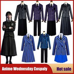 Cosplay Anime Wednesday Addams Disfraz de Cosplay Nevermore Academy Uniformes escolares a rayas para niñas y niños Peluca de fiesta de Halloween Disfraces