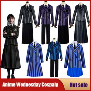Cosplay anime woensdag addams cosplay kostuum Nevermore Academy gestreepte schooluniformen voor meisjes jongens Halloween Party pruik Fancy Dress