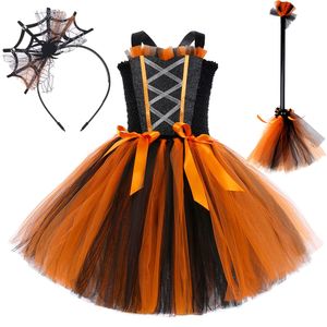 Cosplay Black Orange Witch Costuums For Girls Kids Carnival Halloween Fancy Dress Spider Tutu Outfit met Magic Broom Bow Child Clarms 230817