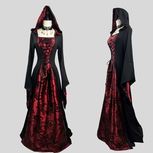 cosplay Noir rouge longue Robe Halloween carnaval fête Cosplay cape Vampire jeu de rôle Costume balle sorciers femmes à capuche col carré cosplay