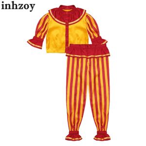 Cosplay Children Girls Boys Circus Clowns kostuums voor Halloween-rollenspellende feesten Performance kostuums gestreepte half mouwen knop Top en pantsl2405