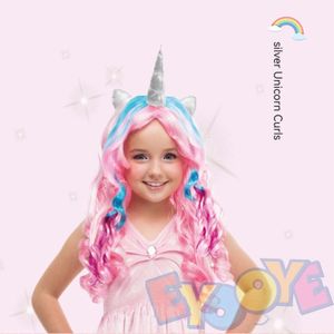 Cosplay poney pour enfants, ensemble de perruques mi-longues colorées avec coin argenté, accessoire de Performance, casque