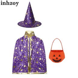 Cosplay Childrens and Girls Halloween Witch Cloak Cape Hat Pumpkin Sac Set Rôle Play Party Performance Costume Setl2405