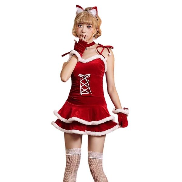 Costume de Cosplay de noël pour femmes, Costume de styliste, nouveau Style, robe mignonne fendue, écharpe rouge, Costume de jour, robe de noël en peluche